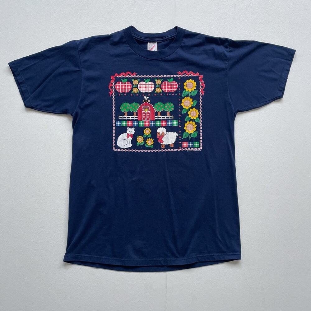 Vtg 90's Navy Animal Farm T-Shirt / L / Single Stitch Cottagecore Nature USA